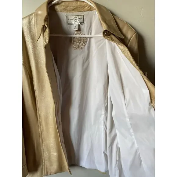 St. John Sport Button Up Gold Metallic 100% Italian Leather Jacket- Size Large